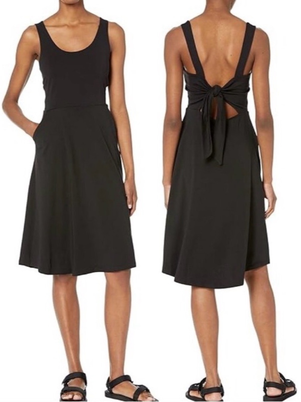 PACT Dress XS Organic Cotton Fit Flare Tie Back Pocket Minimalist Athleisure REA
